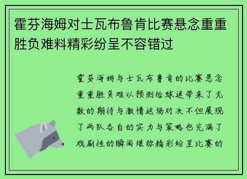 霍芬海姆对士瓦布鲁肯比赛悬念重重胜负难料精彩纷呈不容错过