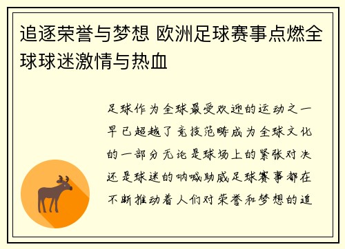 追逐荣誉与梦想 欧洲足球赛事点燃全球球迷激情与热血