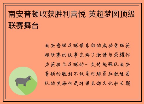 南安普顿收获胜利喜悦 英超梦圆顶级联赛舞台
