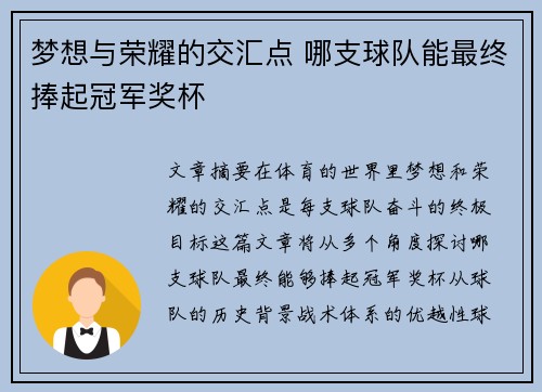 梦想与荣耀的交汇点 哪支球队能最终捧起冠军奖杯