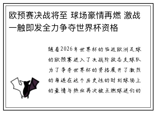 欧预赛决战将至 球场豪情再燃 激战一触即发全力争夺世界杯资格