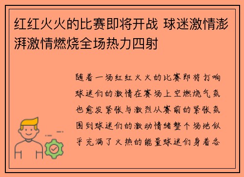 红红火火的比赛即将开战 球迷激情澎湃激情燃烧全场热力四射