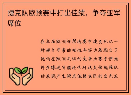 捷克队欧预赛中打出佳绩，争夺亚军席位