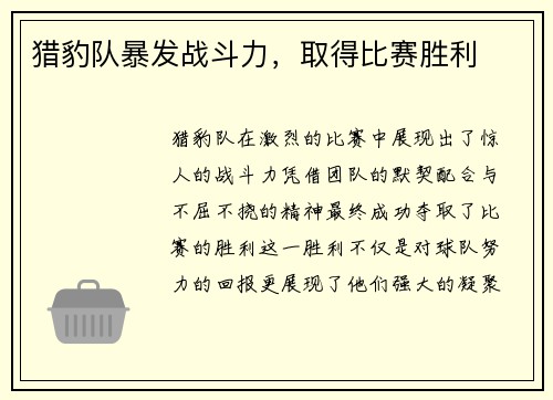 猎豹队暴发战斗力，取得比赛胜利