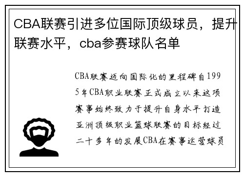 CBA联赛引进多位国际顶级球员，提升联赛水平，cba参赛球队名单