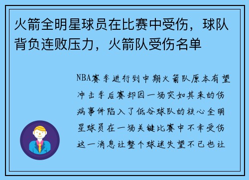 火箭全明星球员在比赛中受伤，球队背负连败压力，火箭队受伤名单