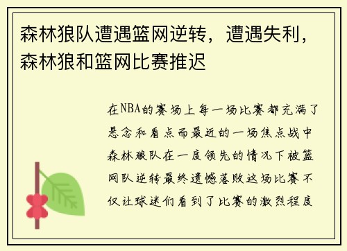 森林狼队遭遇篮网逆转，遭遇失利，森林狼和篮网比赛推迟