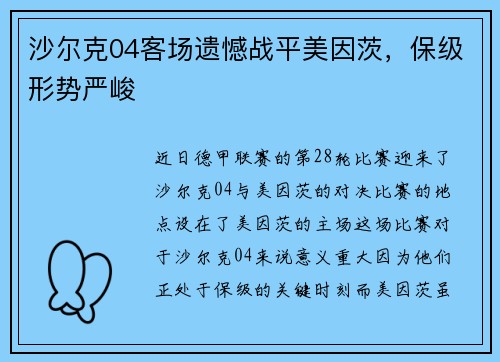 沙尔克04客场遗憾战平美因茨，保级形势严峻
