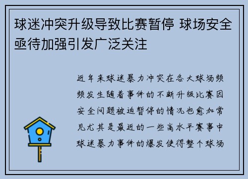 球迷冲突升级导致比赛暂停 球场安全亟待加强引发广泛关注