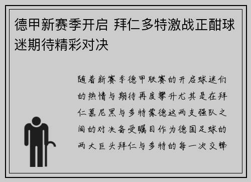 德甲新赛季开启 拜仁多特激战正酣球迷期待精彩对决