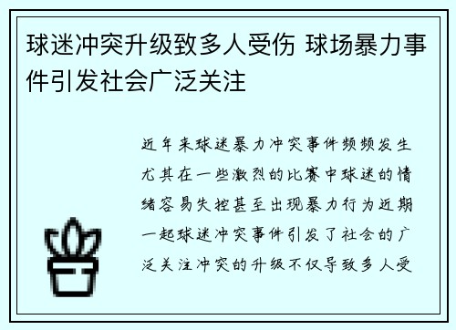 球迷冲突升级致多人受伤 球场暴力事件引发社会广泛关注