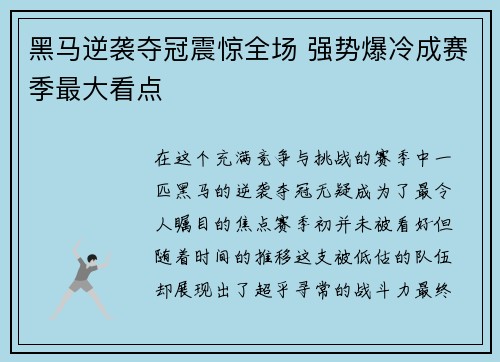 黑马逆袭夺冠震惊全场 强势爆冷成赛季最大看点
